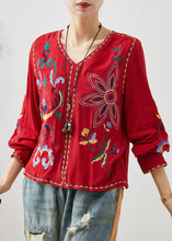 Load image into Gallery viewer, Art Red V Neck Embroidered Linen Blouses Spring