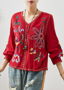 Art Red V Neck Embroidered Linen Blouses Spring