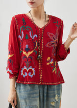 Load image into Gallery viewer, Art Red V Neck Embroidered Linen Blouses Spring