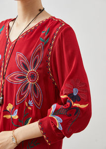 Art Red V Neck Embroidered Linen Blouses Spring