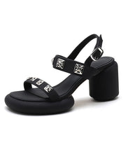 Load image into Gallery viewer, Art Rivet Buckle Strap Splicing Chunky Sandals Black Cowhide Leather