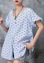 Load image into Gallery viewer, Art Sky Blue Print Drawstring Side Open Cotton Shirt Tops Summer