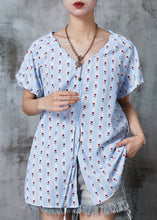 Load image into Gallery viewer, Art Sky Blue Print Drawstring Side Open Cotton Shirt Tops Summer