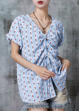 Load image into Gallery viewer, Art Sky Blue Print Drawstring Side Open Cotton Shirt Tops Summer