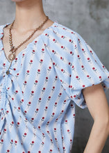 Load image into Gallery viewer, Art Sky Blue Print Drawstring Side Open Cotton Shirt Tops Summer