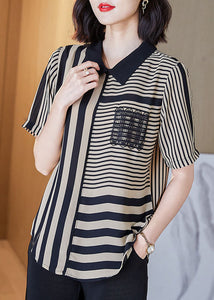 Art Striped Peter Pan Collar Patchwork Chiffon Shirts Top Summer