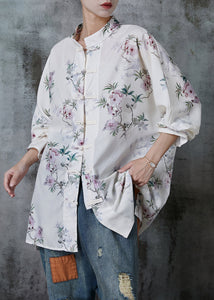 Art White Chinese Button Print Cotton Blouses Summer