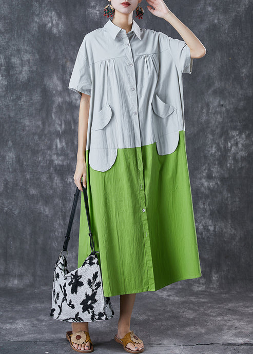 Art White Green Oversized Patchwork Pockets Cotton Shirt Dresses Summer