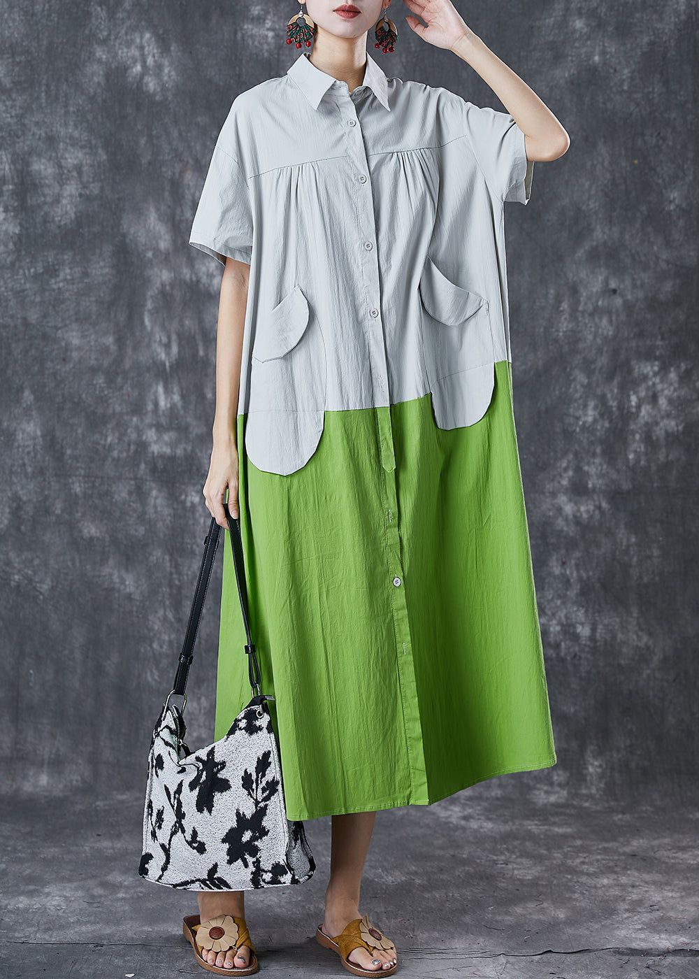 Art White Green Oversized Patchwork Pockets Cotton Shirt Dresses Summer