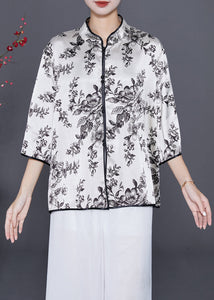 Art White Print Slim Fit Silk Blouses Summer