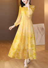 Load image into Gallery viewer, Art Yellow O Neck Print Lace Up Silk Long Dress Summer