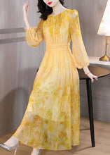 Load image into Gallery viewer, Art Yellow O Neck Print Lace Up Silk Long Dress Summer