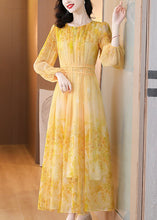 Load image into Gallery viewer, Art Yellow O Neck Print Lace Up Silk Long Dress Summer