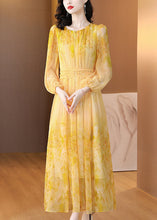 Load image into Gallery viewer, Art Yellow O Neck Print Lace Up Silk Long Dress Summer