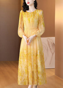 Art Yellow O Neck Print Lace Up Silk Long Dress Summer