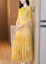 Load image into Gallery viewer, Art Yellow O Neck Print Lace Up Silk Long Dress Summer