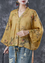 Load image into Gallery viewer, Art Yellow Print Drawstring Linen Shirt Top Spring