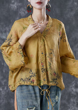 Load image into Gallery viewer, Art Yellow Print Drawstring Linen Shirt Top Spring