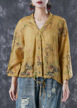 Load image into Gallery viewer, Art Yellow Print Drawstring Linen Shirt Top Spring