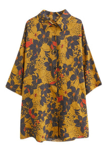 Baggy Yellow Peter Pan Collar Print Linen Shirt Top Half Sleeve