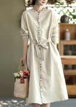 Load image into Gallery viewer, Beautiful Apricot Embroidered Button Tie Waist Cotton Dress Fall