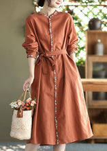 Load image into Gallery viewer, Beautiful Apricot Embroidered Button Tie Waist Cotton Dress Fall