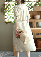 Load image into Gallery viewer, Beautiful Apricot Embroidered Button Tie Waist Cotton Dress Fall