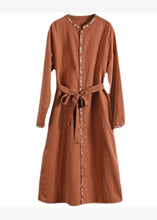 Load image into Gallery viewer, Beautiful Apricot Embroidered Button Tie Waist Cotton Dress Fall