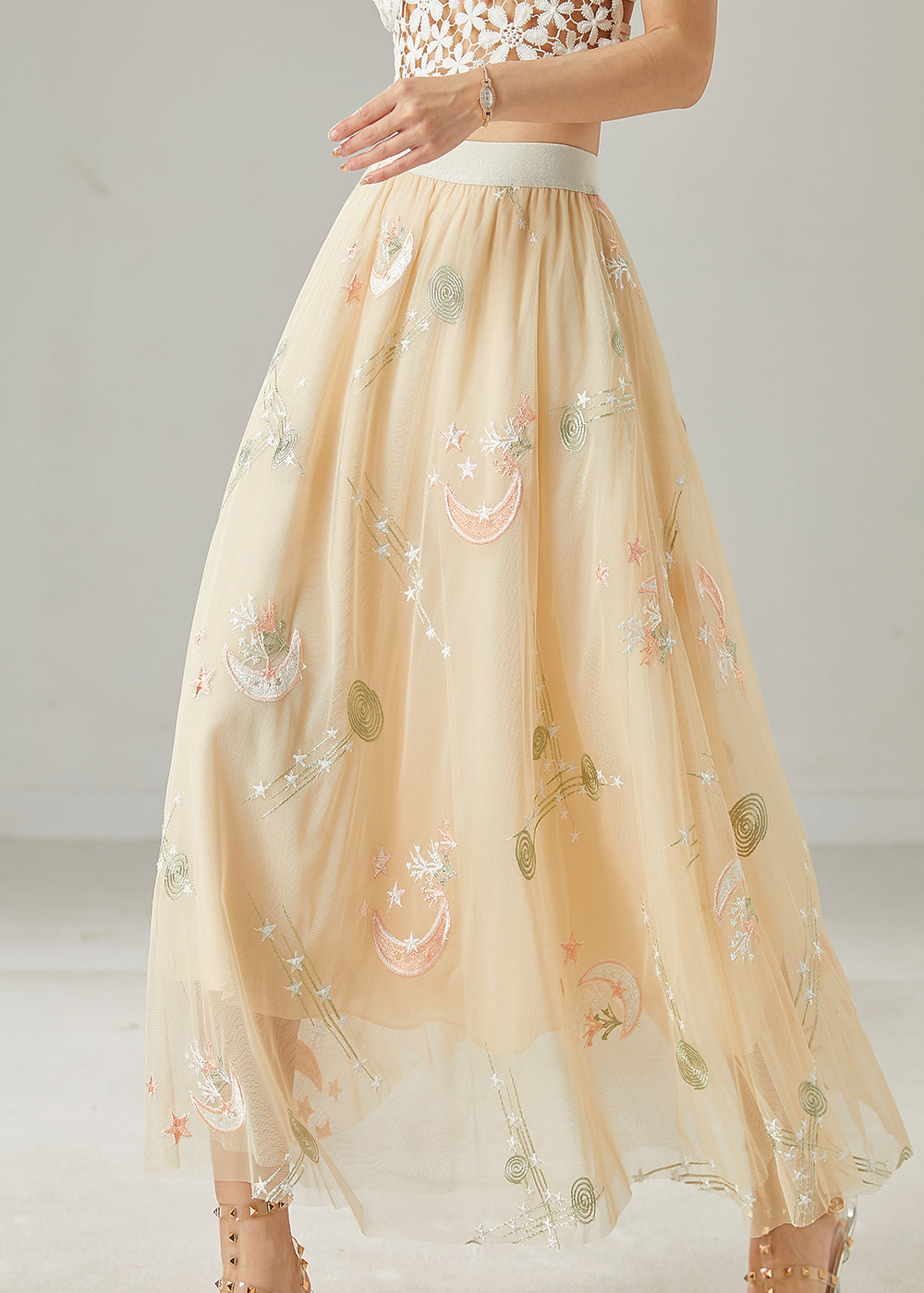 Beautiful Apricot Original Design Embroidered Tulle Skirt Summer