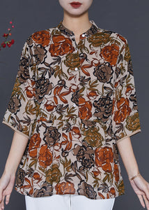 Beautiful Apricot Stand Collar Print Chiffon Shirt Top Summer