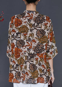 Beautiful Apricot Stand Collar Print Chiffon Shirt Top Summer