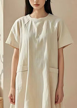 Load image into Gallery viewer, Beautiful Beige O Neck Pockets Cotton Mid Dresses Summer