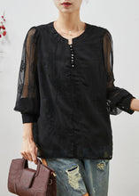 Load image into Gallery viewer, Beautiful Black Embroidered Linen Silk Shirt Top Summer