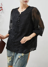 Load image into Gallery viewer, Beautiful Black Embroidered Linen Silk Shirt Top Summer