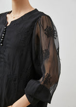 Load image into Gallery viewer, Beautiful Black Embroidered Linen Silk Shirt Top Summer