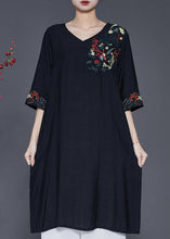 Load image into Gallery viewer, Beautiful Black Embroidered Oversized Linen Dress Summer