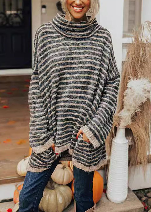 Beautiful Black Hign Neck Thick Striped Knitted Sweaters Tops Fall