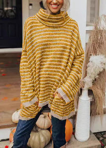 Beautiful Black Hign Neck Thick Striped Knitted Sweaters Tops Fall