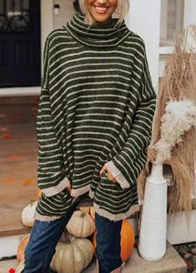 Beautiful Black Hign Neck Thick Striped Knitted Sweaters Tops Fall