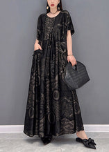 Load image into Gallery viewer, Beautiful Black flower O-Neck Print Pockets Long Dresses Short Sleeve