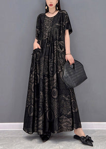 Beautiful Black flower O-Neck Print Pockets Long Dresses Short Sleeve