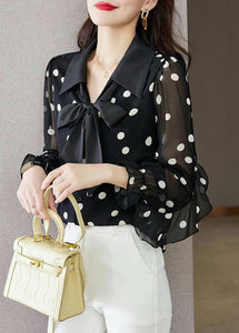 Beautiful Black Ruffled Dot Print Chiffon Shirts Spring