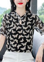 Load image into Gallery viewer, Beautiful Black Stand Collar Print Chiffon Shirts Summer