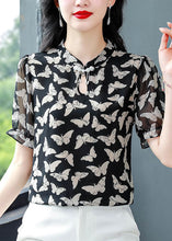 Load image into Gallery viewer, Beautiful Black Stand Collar Print Chiffon Shirts Summer