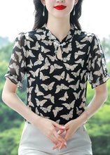 Load image into Gallery viewer, Beautiful Black Stand Collar Print Chiffon Shirts Summer