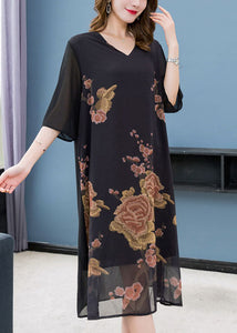 Beautiful Black V Neck Print Patchwork Chiffon Dress Summer