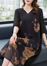 Load image into Gallery viewer, Beautiful Black V Neck Print Patchwork Chiffon Dress Summer