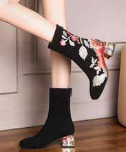 Load image into Gallery viewer, Beautiful Black Zircon Embroidered Suede Chunky Boots