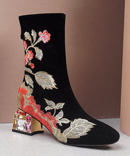 Load image into Gallery viewer, Beautiful Black Zircon Embroidered Suede Chunky Boots