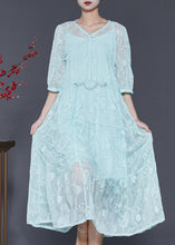 Load image into Gallery viewer, Beautiful Blue Embroidered Silk Long Dress Half Sleeve